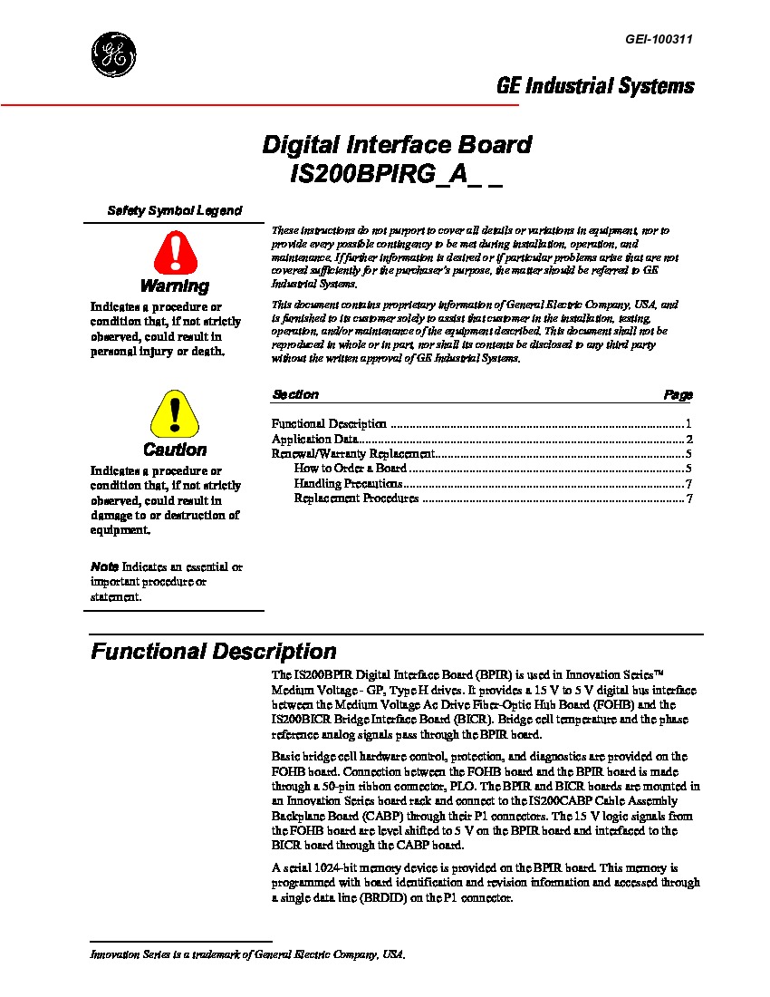 First Page Image of IS200BPIRG1A GEI-100311 Digital Interface Board.pdf